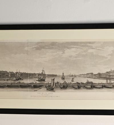 Framed Engraving of floating bridge on Neva in St Petersberg c 1750