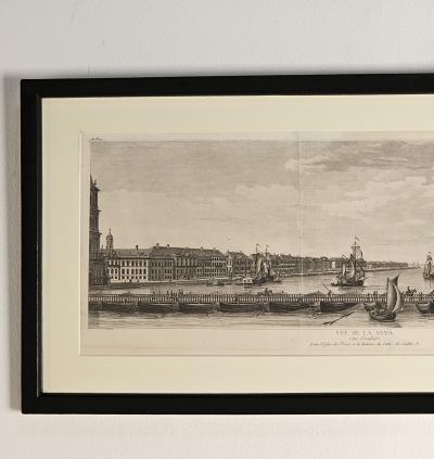 Framed Engraving of floating bridge on Neva in St Petersberg c 1750