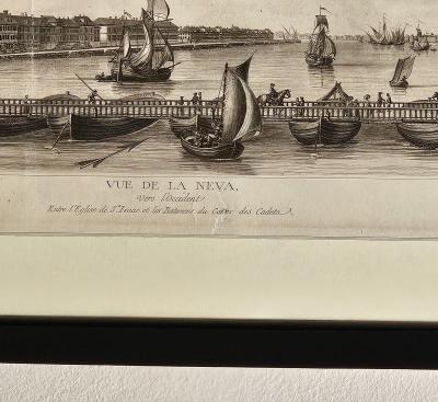 Framed Engraving of floating bridge on Neva in St Petersberg c 1750