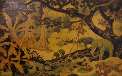 Framed French Art Deco Panel showing a Scene with Elephants in a Jungle Pattern