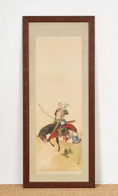 Framed Hand Painted Japanese Scroll of Returning Cavalryman
