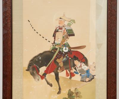 Framed Hand Painted Japanese Scroll of Returning Cavalryman