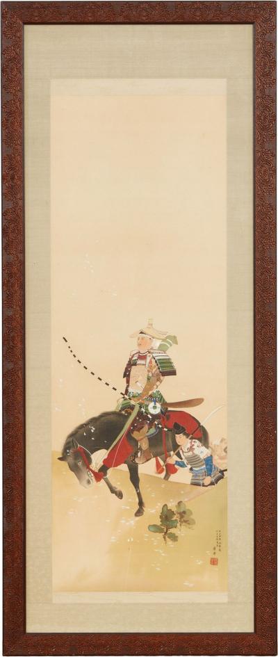 Framed Hand Painted Japanese Scroll of Returning Cavalryman