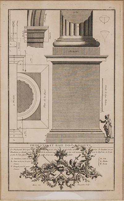 Framed Italian Neo Classic Engravings of an Ionic Base Pedestal Diagram