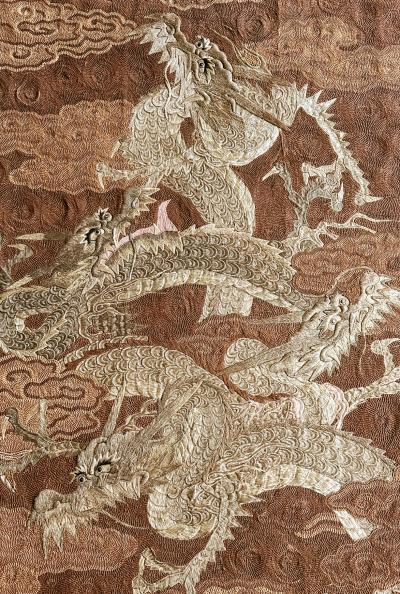 Framed Japanese Embroidery Dragon Tapestry Meiji Period