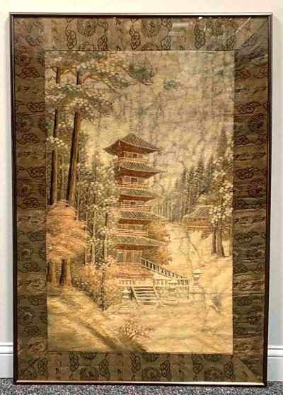 Framed Japanese Embroidery Textile Panel Pagoda Scenery