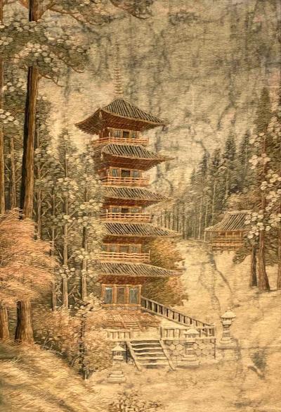 Framed Japanese Embroidery Textile Panel Pagoda Scenery