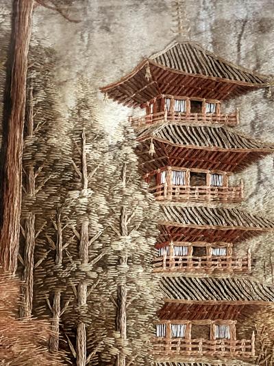 Framed Japanese Embroidery Textile Panel Pagoda Scenery