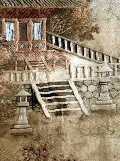 Framed Japanese Embroidery Textile Panel Pagoda Scenery
