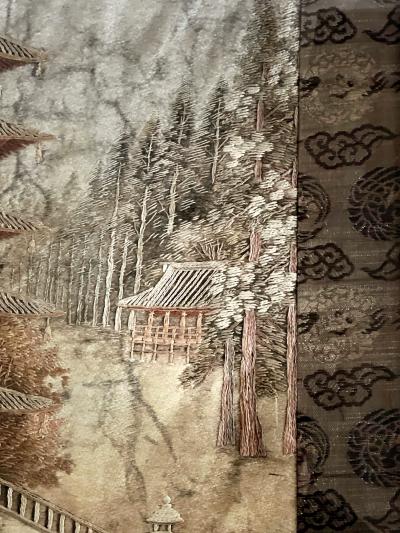 Framed Japanese Embroidery Textile Panel Pagoda Scenery