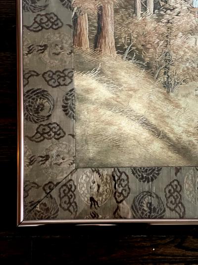 Framed Japanese Embroidery Textile Panel Pagoda Scenery