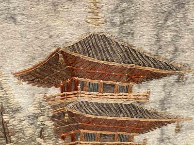 Framed Japanese Embroidery Textile Panel Pagoda Scenery