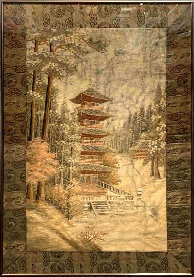Framed Japanese Embroidery Textile Panel Pagoda Scenery