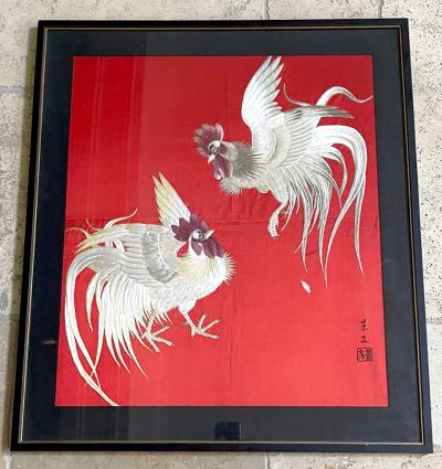 Framed Japanese Embroidery Textile Panel Rootsters