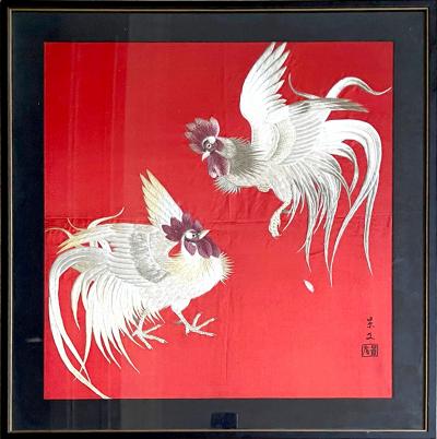 Framed Japanese Embroidery Textile Panel Rootsters