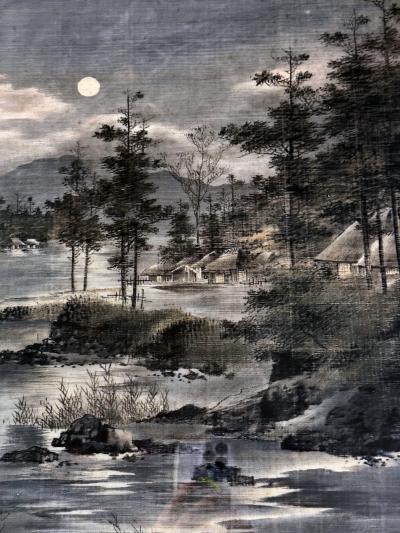 Framed Japanese Velvet Yuzen Birodo Tapestry Panel Meiji Period