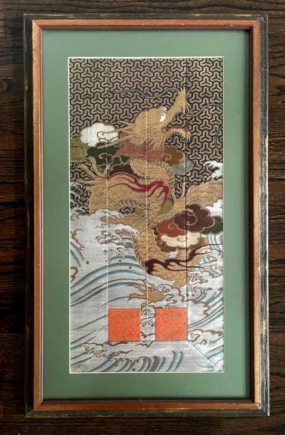 Framed Japanese Woven Textile Panel with Dragon Meiji Period