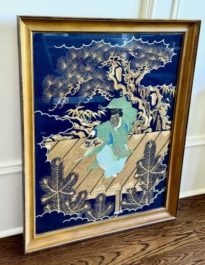 Framed Large Japanese Embroidery Silk Fukusa of Superb Quality Meiji Period