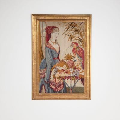 Framed Needlepoint Picture of a Victorian Lady England circa 1880