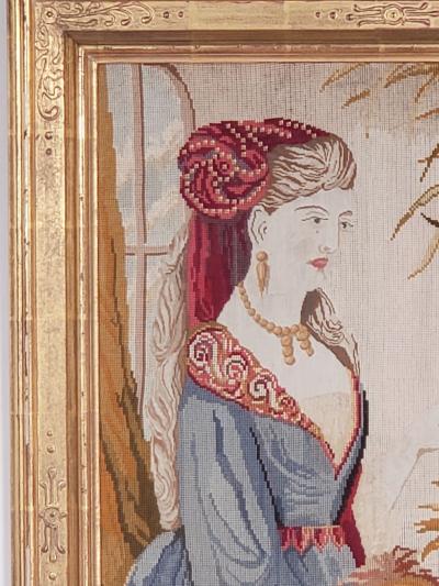Framed Needlepoint Picture of a Victorian Lady England circa 1880