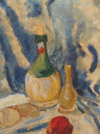 Framed Oil On Canvas Still Life With Wine Bottle