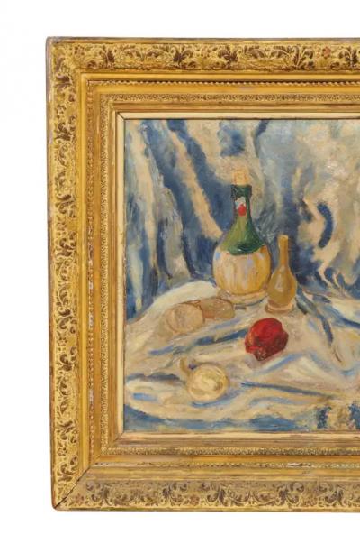 Framed Oil On Canvas Still Life With Wine Bottle