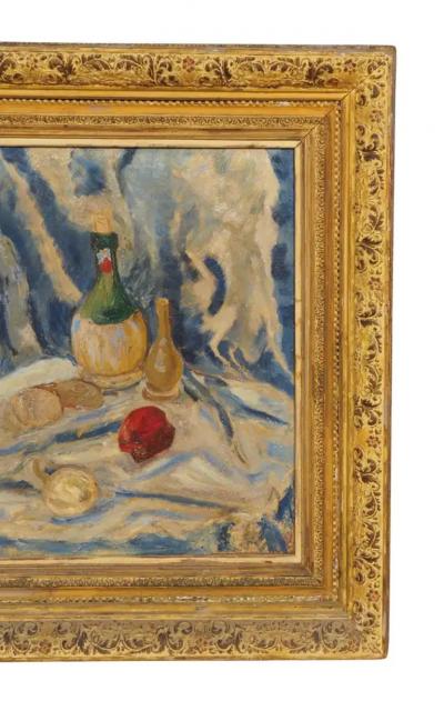Framed Oil On Canvas Still Life With Wine Bottle