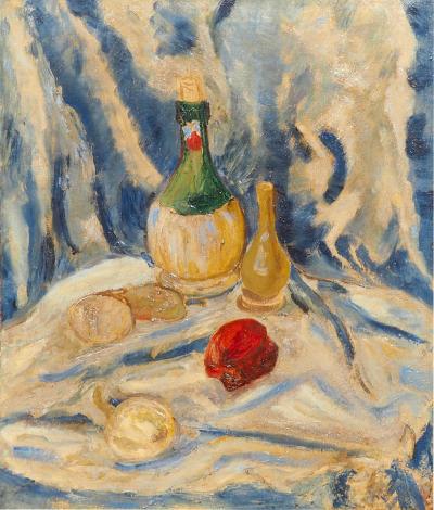 Framed Oil On Canvas Still Life With Wine Bottle