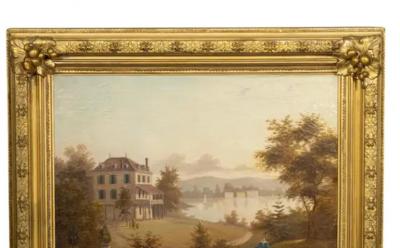 Framed Oil Painting Of A Lakeside House In Landscape