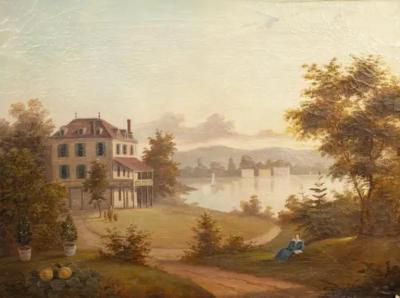 Framed Oil Painting Of A Lakeside House In Landscape
