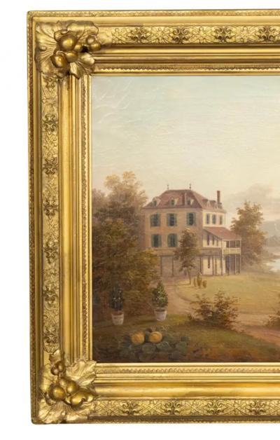 Framed Oil Painting Of A Lakeside House In Landscape