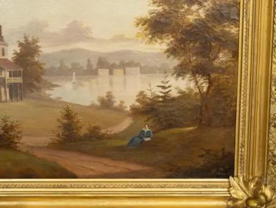 Framed Oil Painting Of A Lakeside House In Landscape