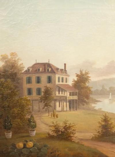 Framed Oil Painting Of A Lakeside House In Landscape