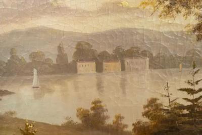 Framed Oil Painting Of A Lakeside House In Landscape