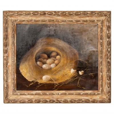 Framed Oil on Canvas Eggs in a Straw Hat 