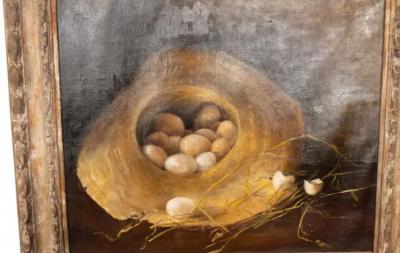 Framed Oil on Canvas Eggs in a Straw Hat 