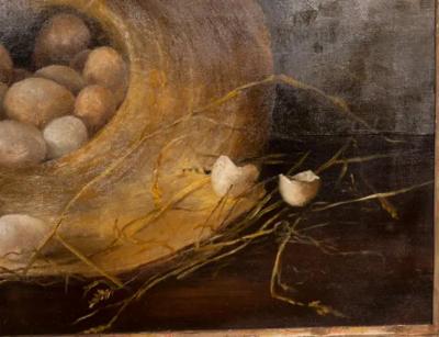 Framed Oil on Canvas Eggs in a Straw Hat 