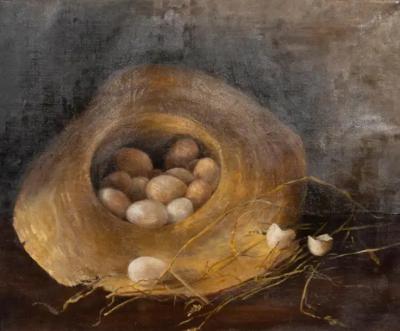 Framed Oil on Canvas Eggs in a Straw Hat 