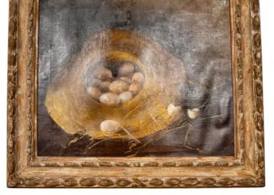 Framed Oil on Canvas Eggs in a Straw Hat 
