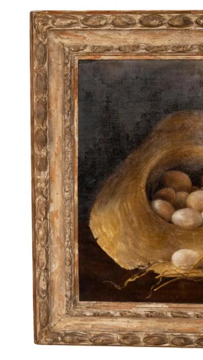 Framed Oil on Canvas Eggs in a Straw Hat 