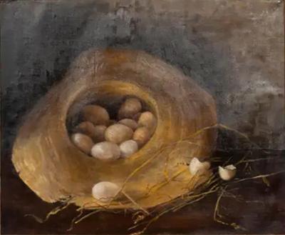 Framed Oil on Canvas Eggs in a Straw Hat 