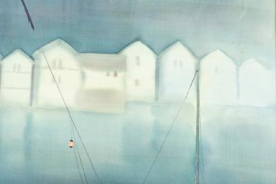 Framed Painting on Silk Harbor at Night