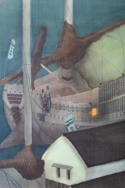Framed Painting on Silk Harbor at Night