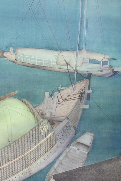 Framed Painting on Silk Harbor at Night