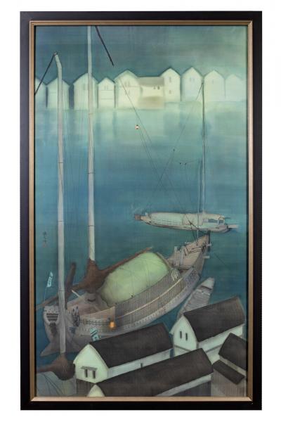 Framed Painting on Silk Harbor at Night