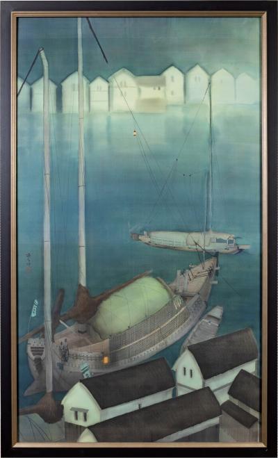 Framed Painting on Silk Harbor at Night