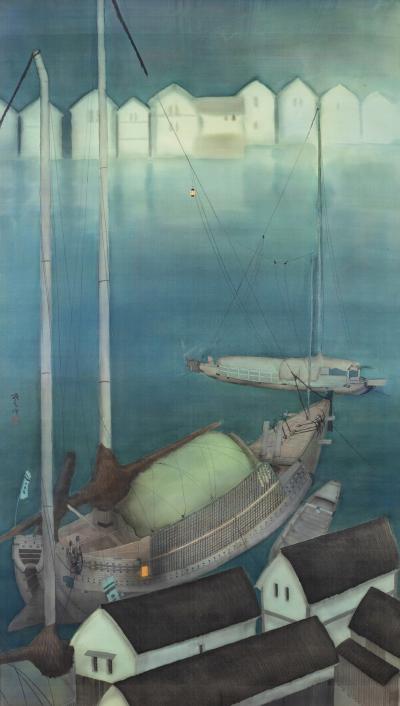 Framed Painting on Silk Harbor at Night