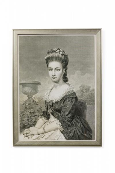 Framed Print of an Engraved Portrait Depicting a Seated Lady with an Urn