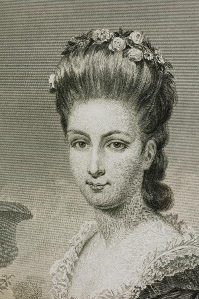 Framed Print of an Engraved Portrait Depicting a Seated Lady with an Urn