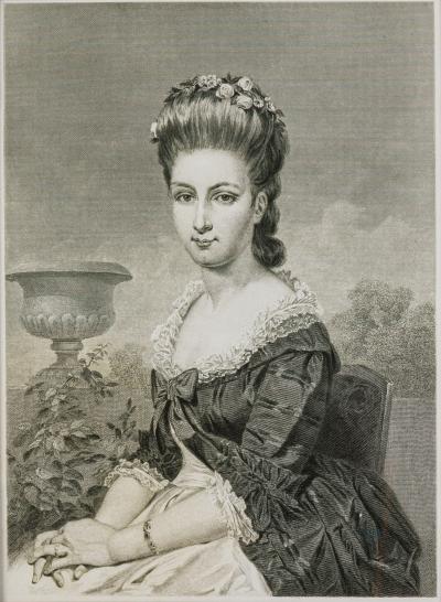 Framed Print of an Engraved Portrait Depicting a Seated Lady with an Urn